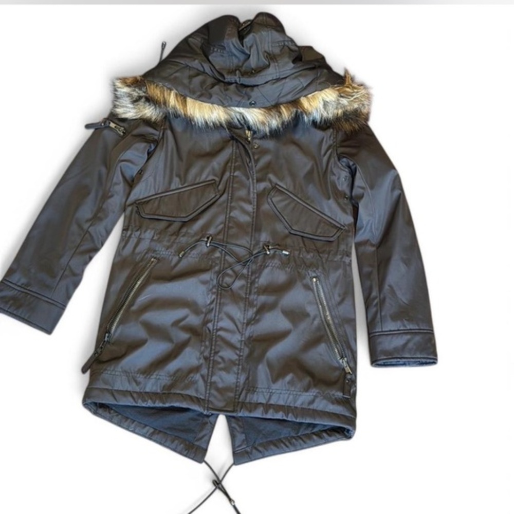 Victoria's Secret S Parka Faux Fur Collar Black Long Length  Hooded w pockets